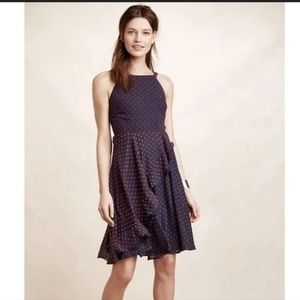 Anthropologie Eva Franco Maryanne Navy/Red Dot Ruffle Dress Size 6, Made In USA
